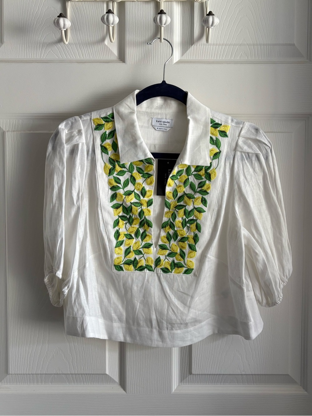 🍋 NWT Kate Spade White Linen Embroidered Lemons Puff Sleeve Blouse Top - Picture 5 of 6